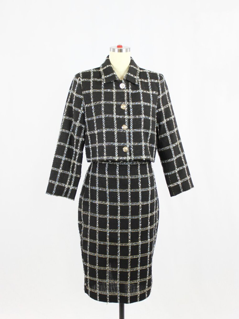 JASON WU Black Blue Boucle Check Cropped Blazer Pencil Skirt Suit Set, Size M